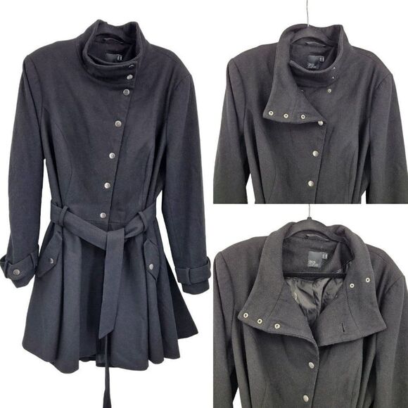 ASOS Curve Peacoat Wool Feminine Military Belted Long Black 16 Trenchcore - Picture 1 of 17